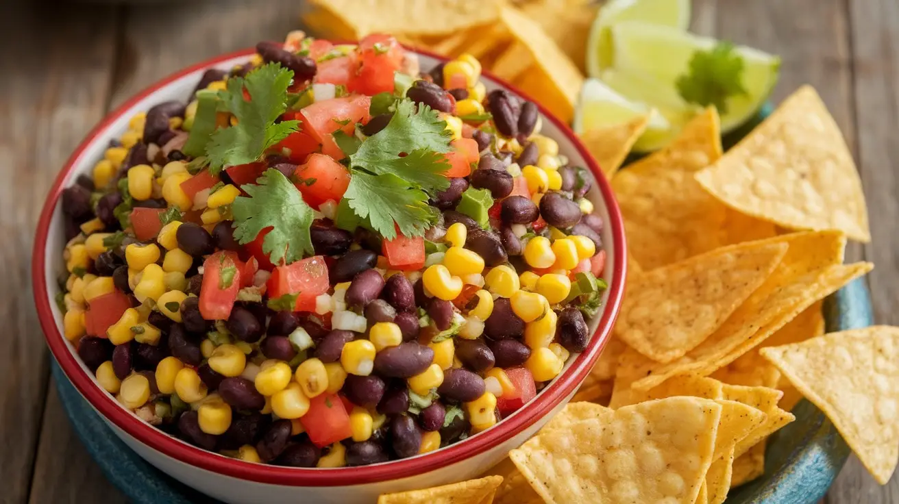 A bowl of Black Bean and Corn Salsa Dip with tortilla chips on a wooden table.