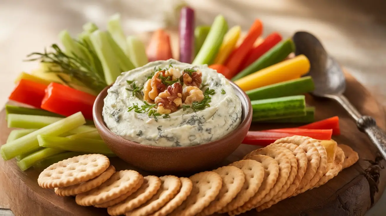 A bowl of blue cheese and walnut dip with fresh vegetables and crackers on a wooden board.