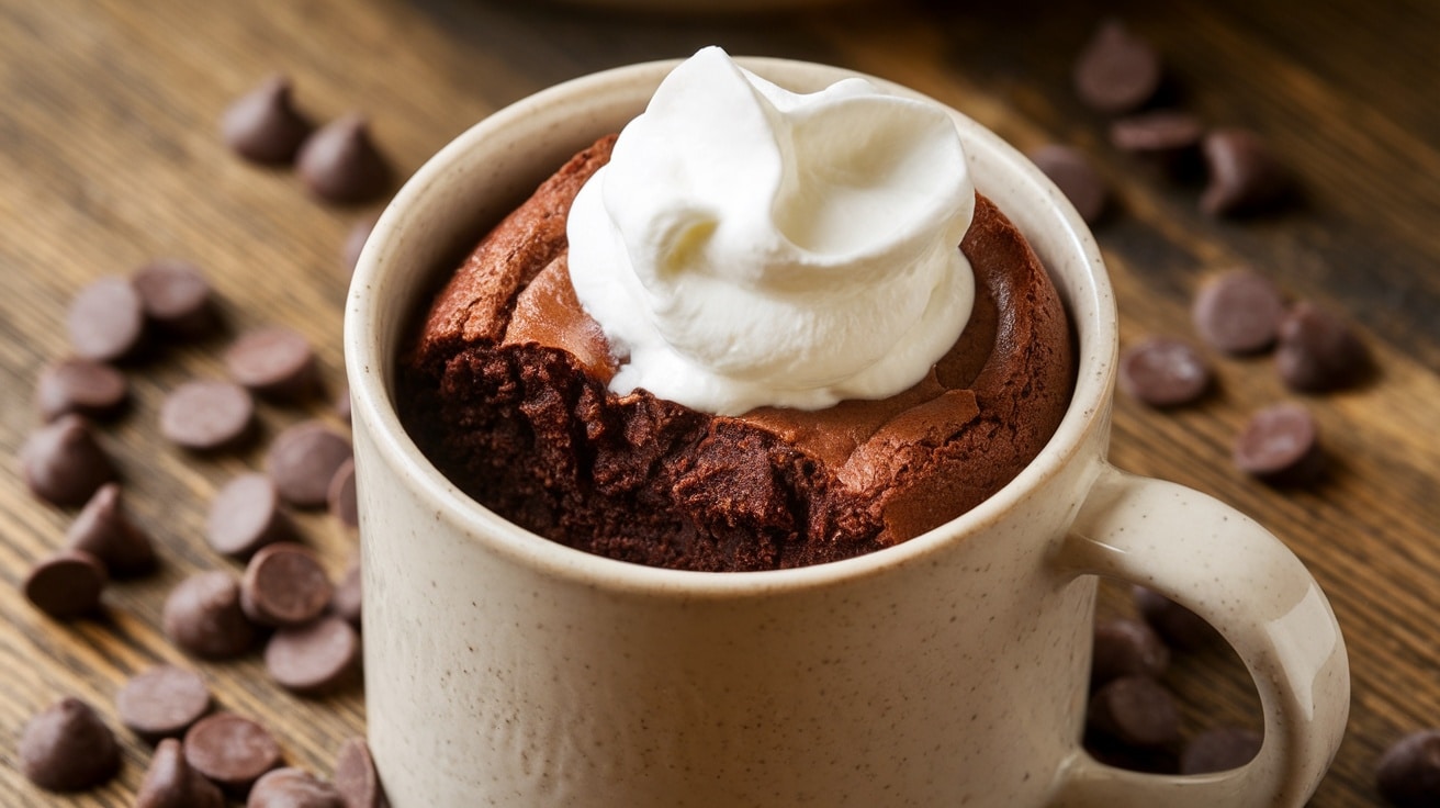 A close-up of a brownie in a mug with whipped cream on top, surrounded by chocolate chips.