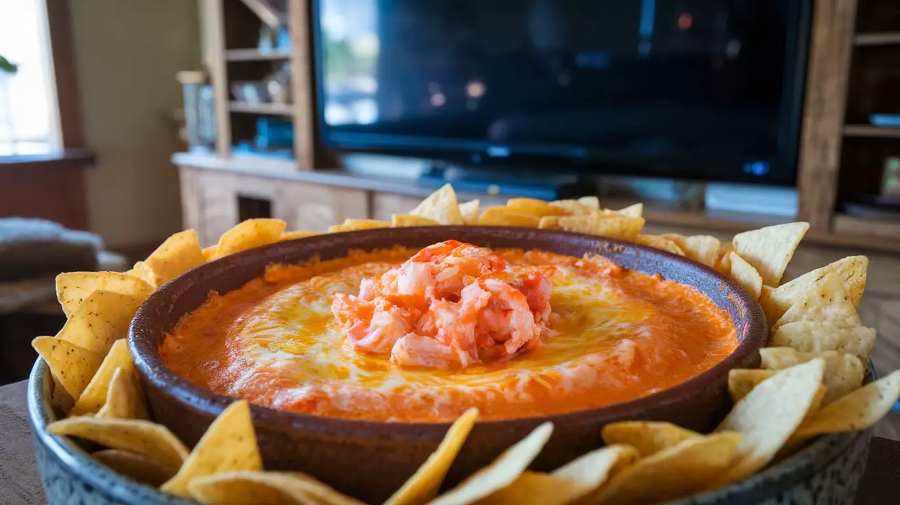 A delicious Buffalo Crab Dip served with tortilla chips, garnished with green onions, in a warm and inviting setting.