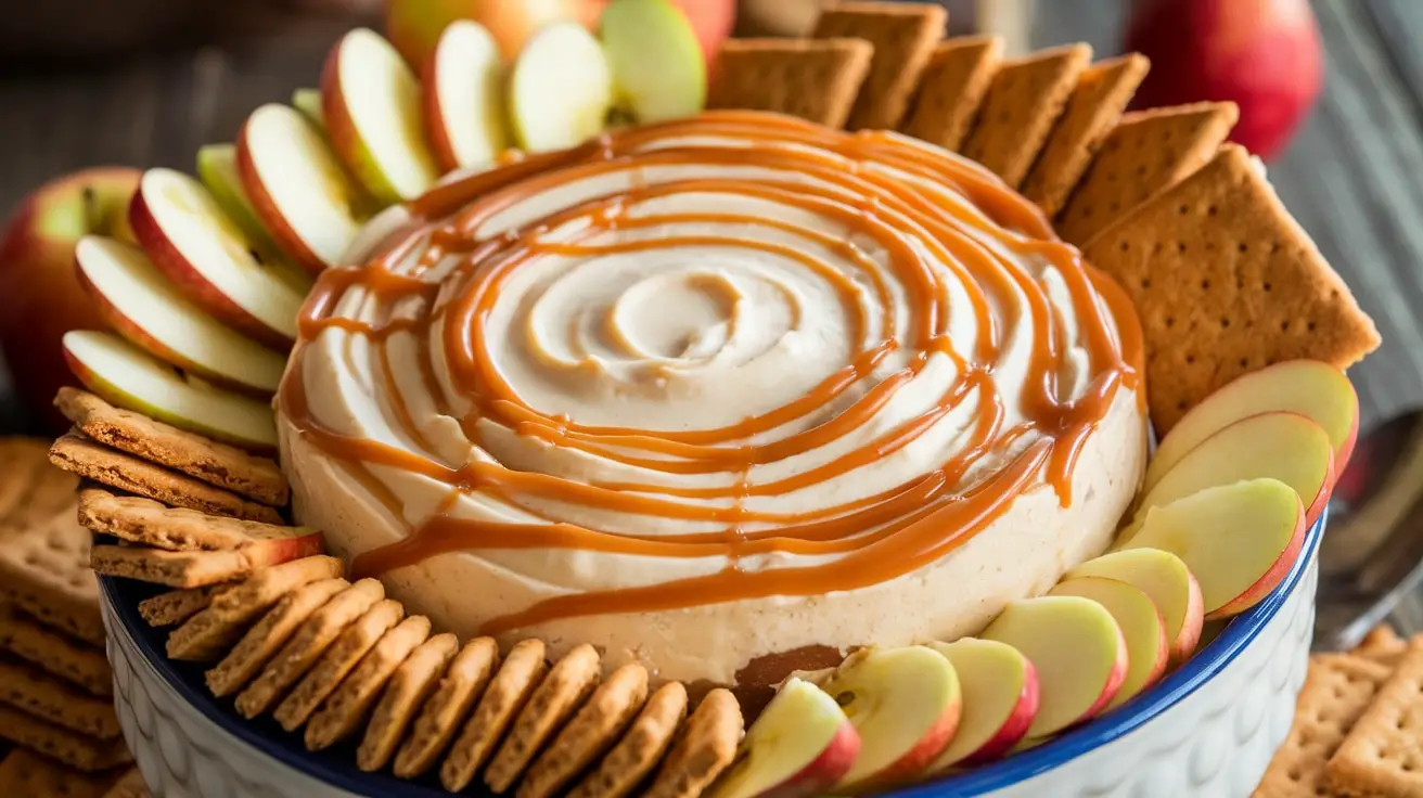 A serving dish of Caramel Apple Cheesecake Dip topped with caramel sauce, surrounded by apple slices and graham crackers.