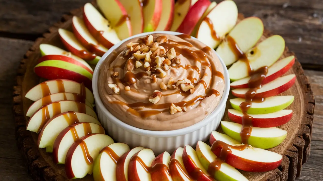 A bowl of caramel apple dip with apple slices on a wooden platter, garnished with caramel drizzle and nuts.