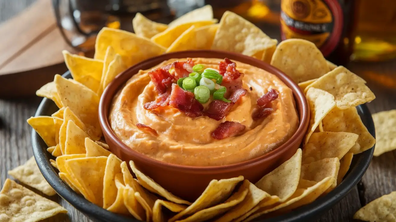 Cheddar Beer and Bacon Dip served in a bowl with tortilla chips on a wooden table, garnished with green onions.