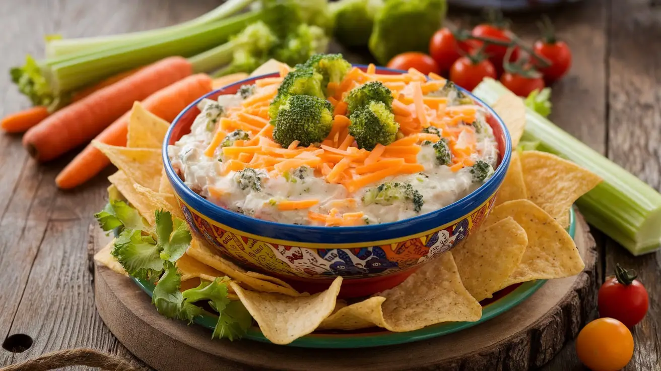 Creamy cheddar and broccoli dip with fresh vegetables and tortilla chips.