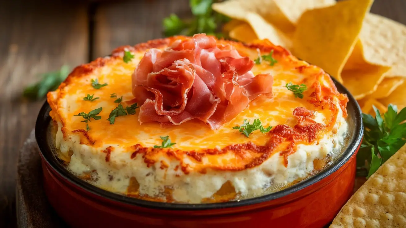 A bubbling bowl of Triple Cheese and Prosciutto Dip topped with crispy prosciutto, served with tortilla chips on a rustic table.