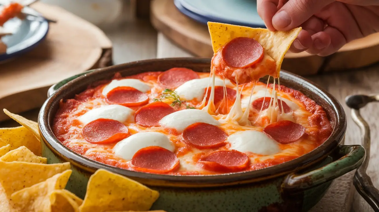 Cheesy pizza dip in a ceramic bowl with tortilla chips on the side.