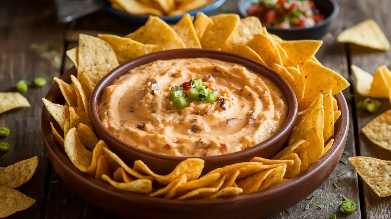 A delicious bowl of green chile queso dip with tortilla chips on a wooden table.