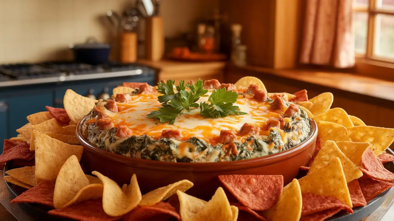 A bowl of cheesy spinach and sausage dip, surrounded by tortilla chips, in a cozy kitchen.