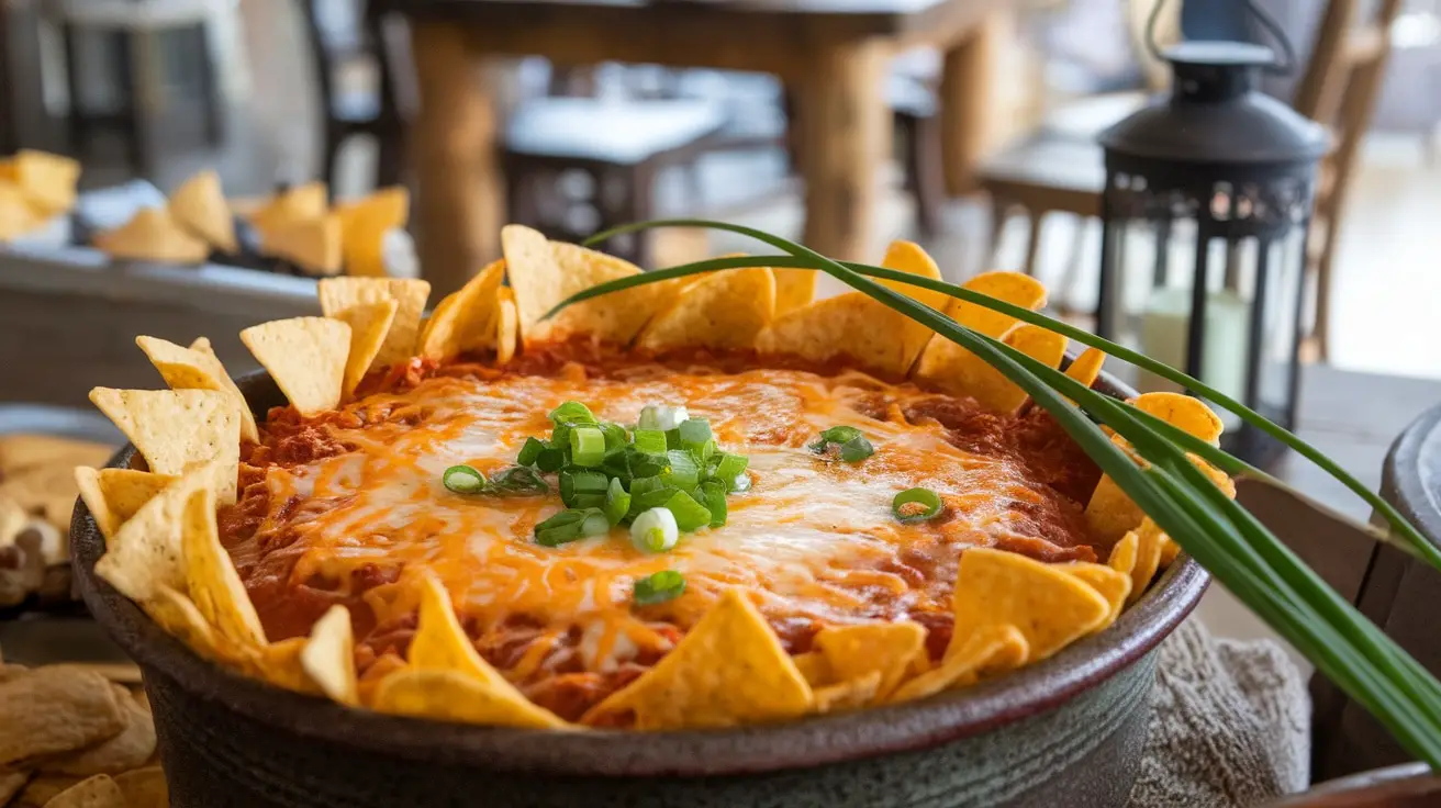 A bubbling chili cheese dip in a rustic dish with tortilla chips for dipping, garnished with green onions.