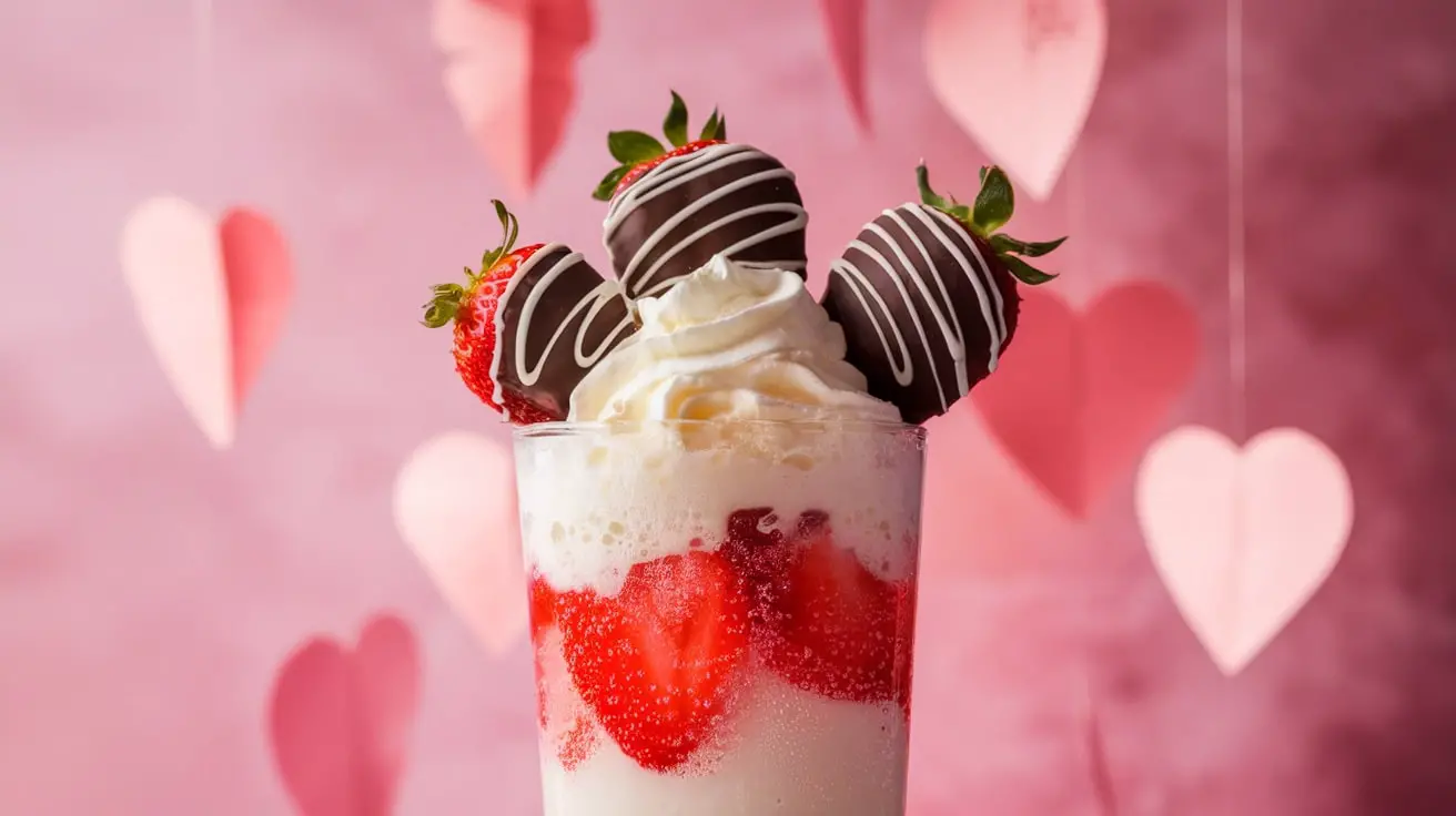 A tall glass of chocolate covered strawberry float with vanilla ice cream and strawberries, decorated for Valentine