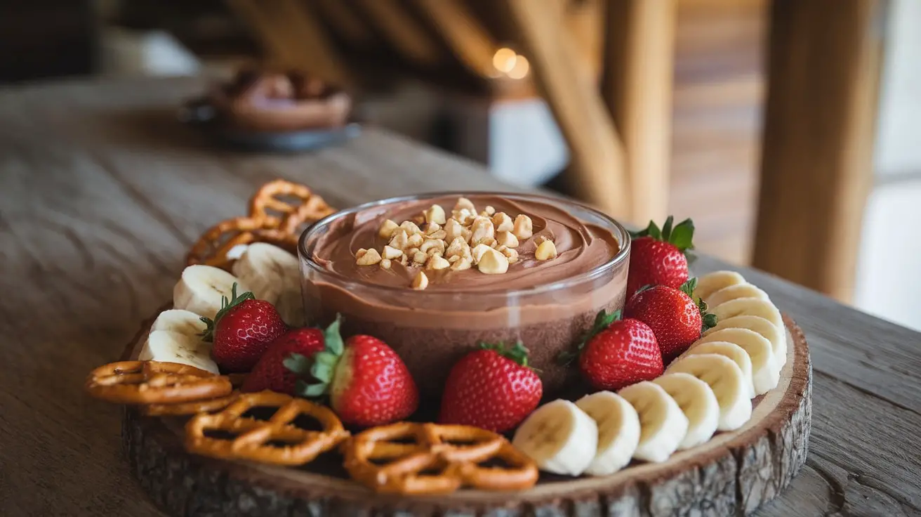 A creamy chocolate hazelnut dessert dip with strawberries, banana slices, and pretzels on a wooden table.