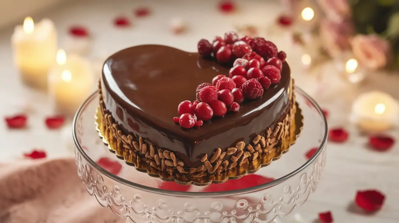 Heart-shaped chocolate torte with ganache and berries on a romantic table setting.