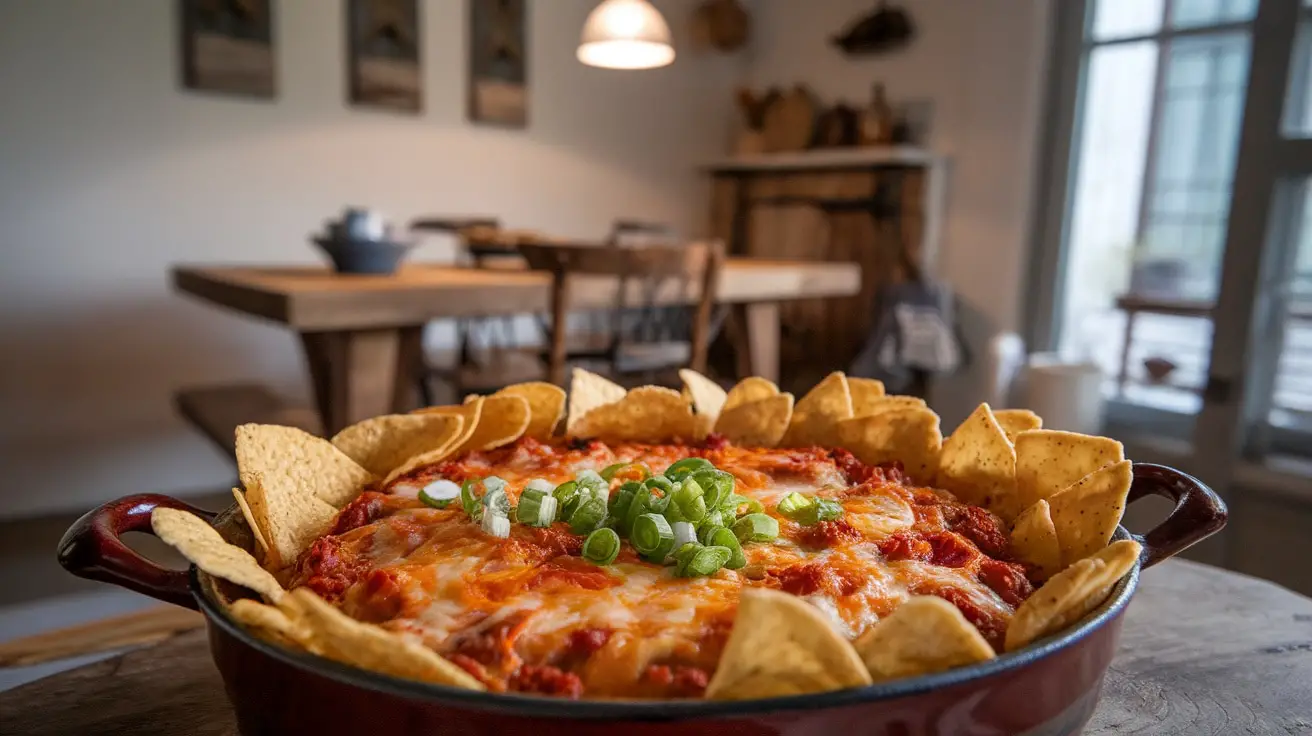 Warm chorizo and manchego cheese dip in a rustic dish, garnished with green onions, served with tortilla chips.