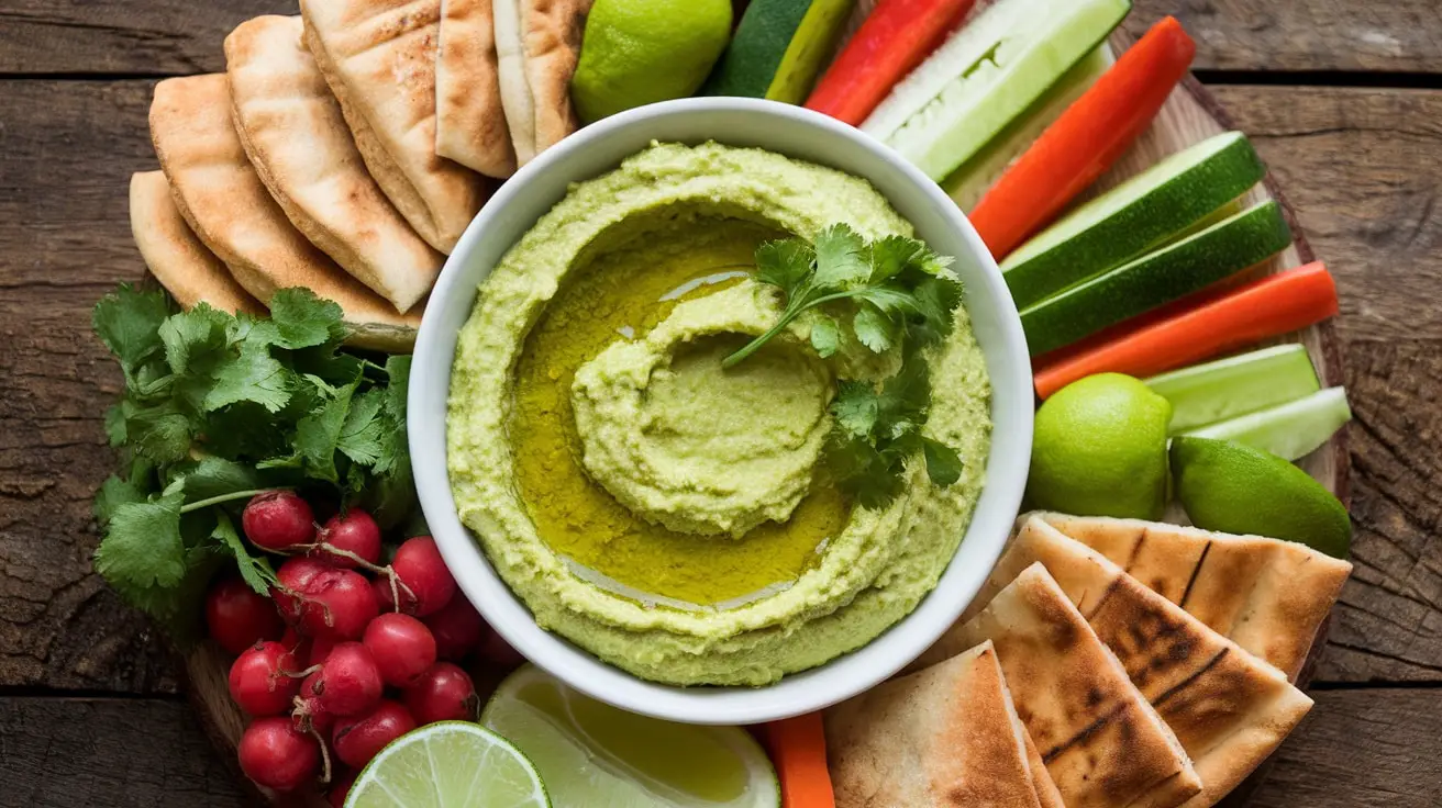 A bowl of cilantro lime hummus with vegetables and pita on a wooden table.