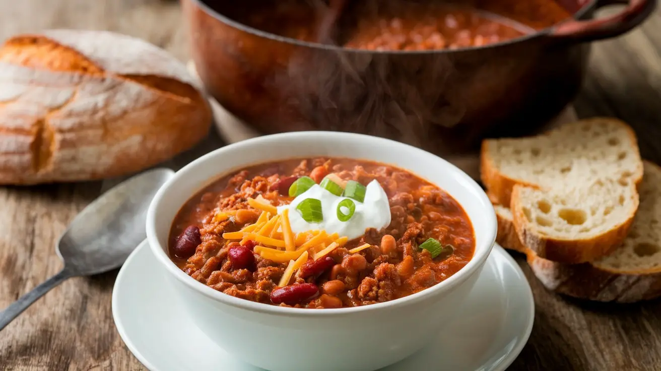 A bowl of hearty beef chili topped with cheese and sour cream, served with crusty bread.