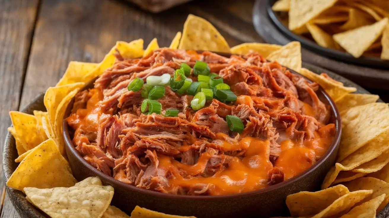 A bowl of cheesy pulled pork nacho dip with tortilla chips and green onions on a rustic table.