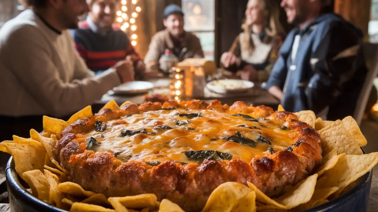 A warm bowl of Hot Sausage and Spinach Dip with melted cheese and tortilla chips for serving.