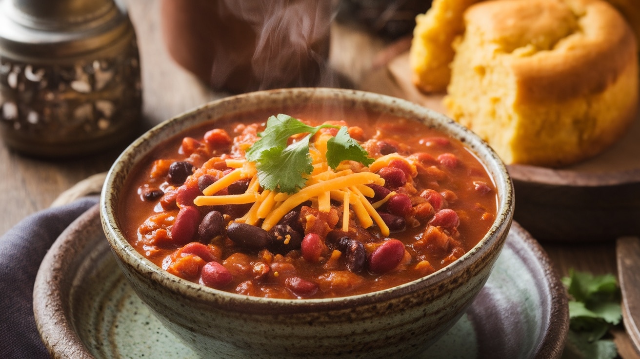 A cozy bowl of beef chili with beans topped with cheese and cilantro, served with cornbread on a rustic table.