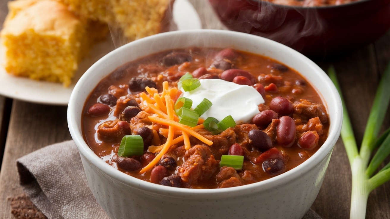 A bowl of beef chili topped with cheese and sour cream, served with cornbread.