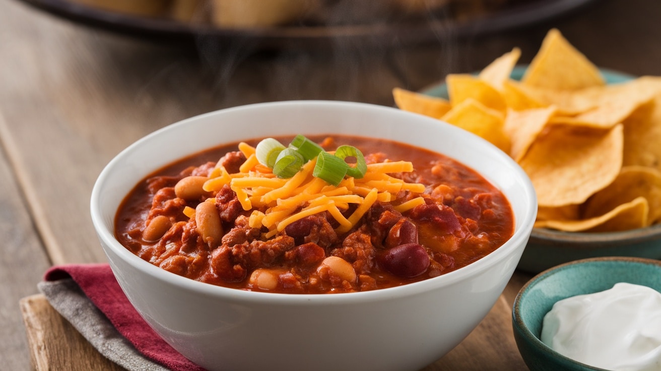 A bowl of Crockpot Chili topped with cheese and green onions, with tortilla chips and sour cream on the side.