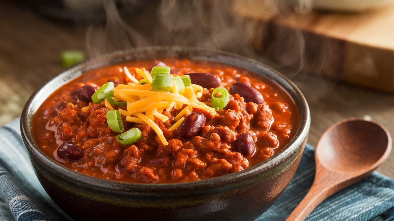 A bowl of thick and hearty beef chili with beans and spices, garnished with cheese and onions, in a cozy kitchen.