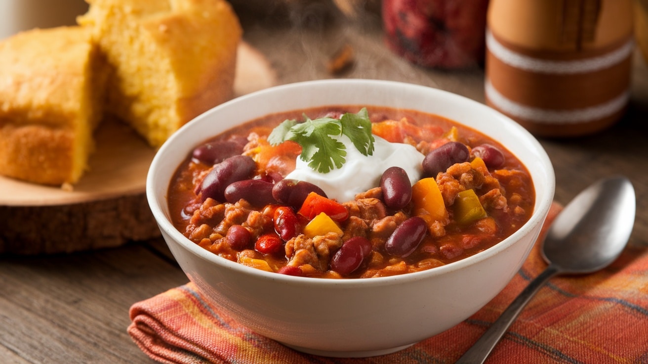 A bowl of turkey chili with beans and peppers, garnished with cilantro and sour cream, alongside a piece of cornbread.