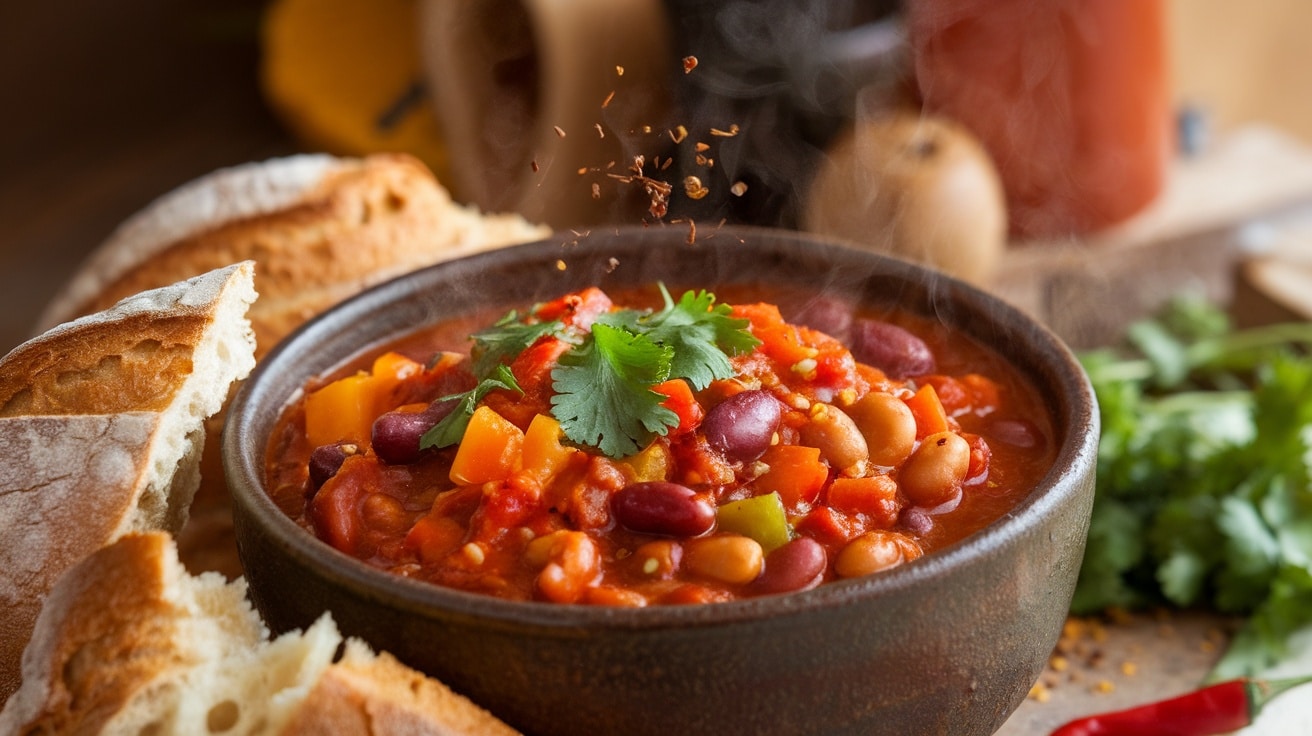 A bowl of vegetarian chili with beans and peppers, garnished with cilantro, alongside crusty bread.