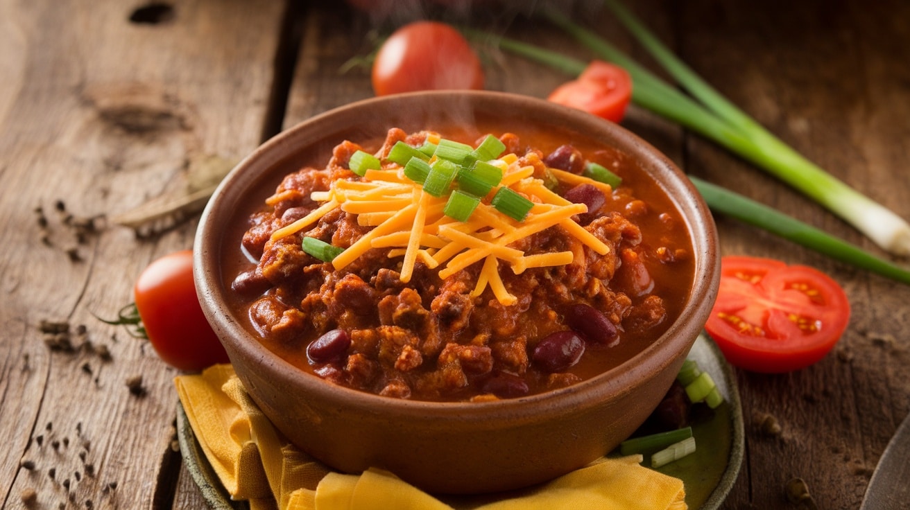 A bowl of hearty chili with cheese and green onions, on a rustic table surrounded by fresh ingredients.