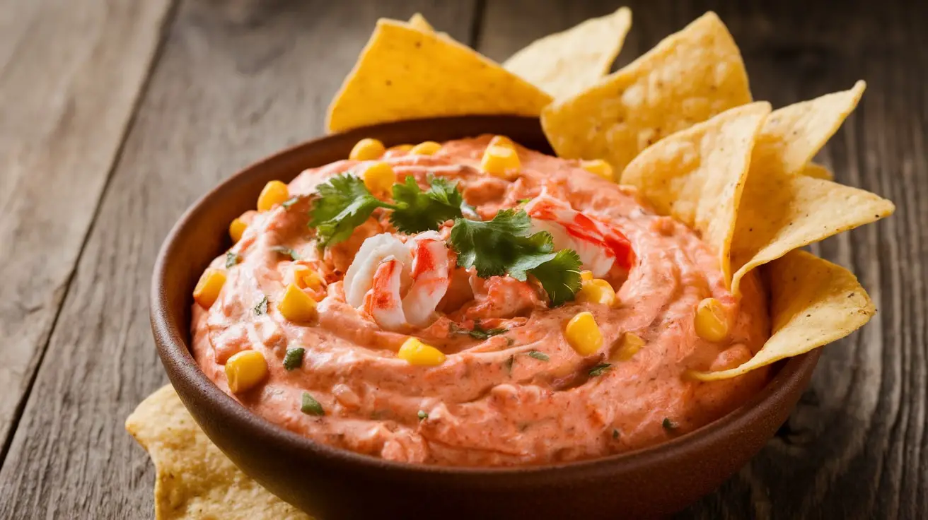 Warm Spicy Crab, Corn, and Chipotle Dip in a bowl, garnished with cilantro, surrounded by tortilla chips.