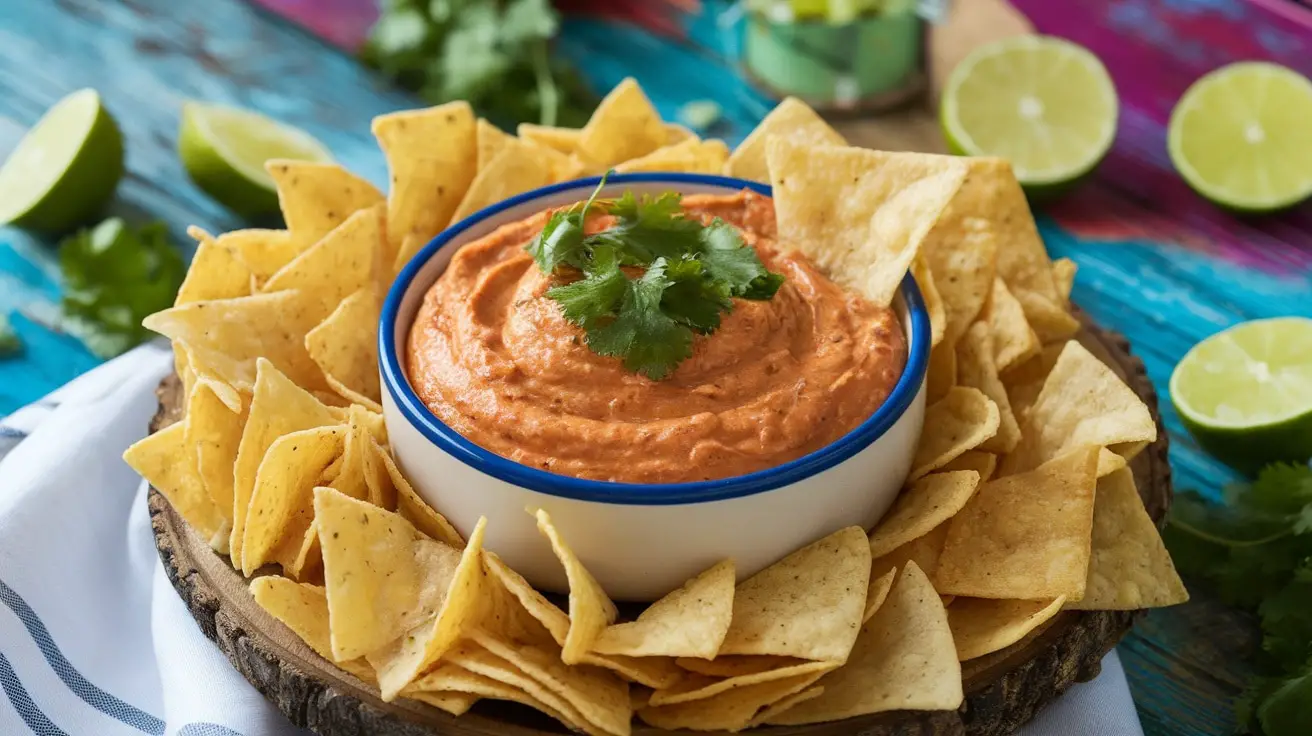 A bowl of creamy chipotle dip garnished with cilantro, surrounded by tortilla chips on a rustic wooden table.