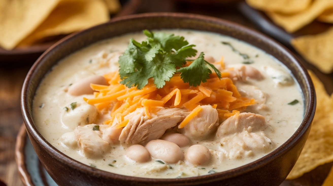 Creamy white chicken chili with chicken, white beans, and cilantro garnish, served in a bowl with tortilla chips.