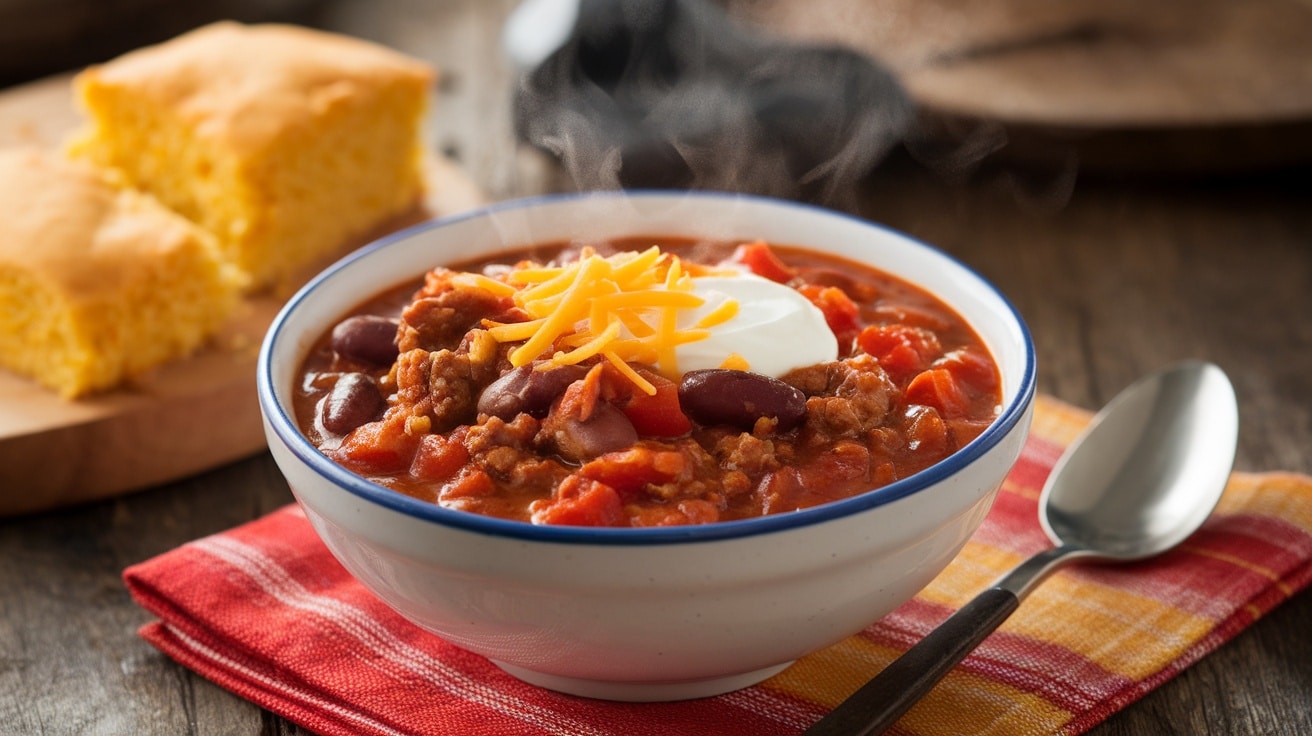 A bowl of hearty chili with ground beef, kidney beans, topped with cheese and sour cream, served with cornbread.