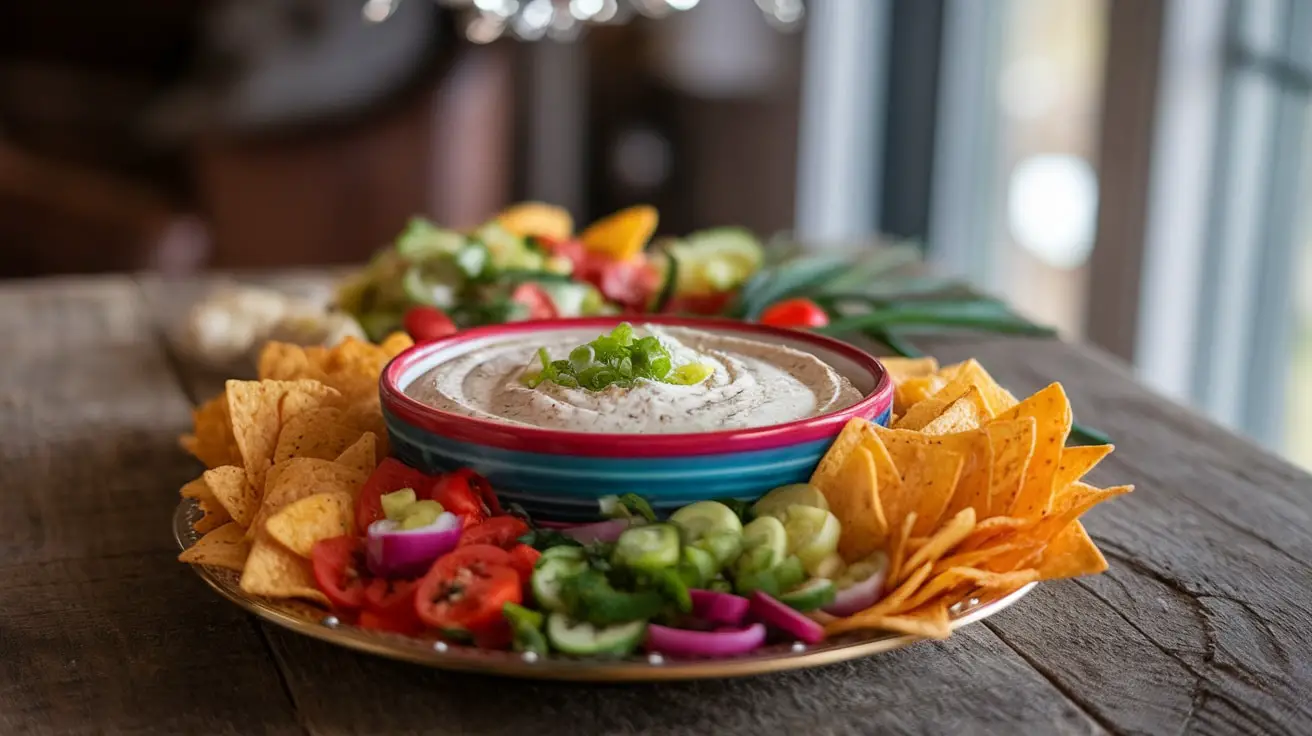 Creamy Fiesta Ranch Dip with tortilla chips and fresh vegetables on a wooden table.