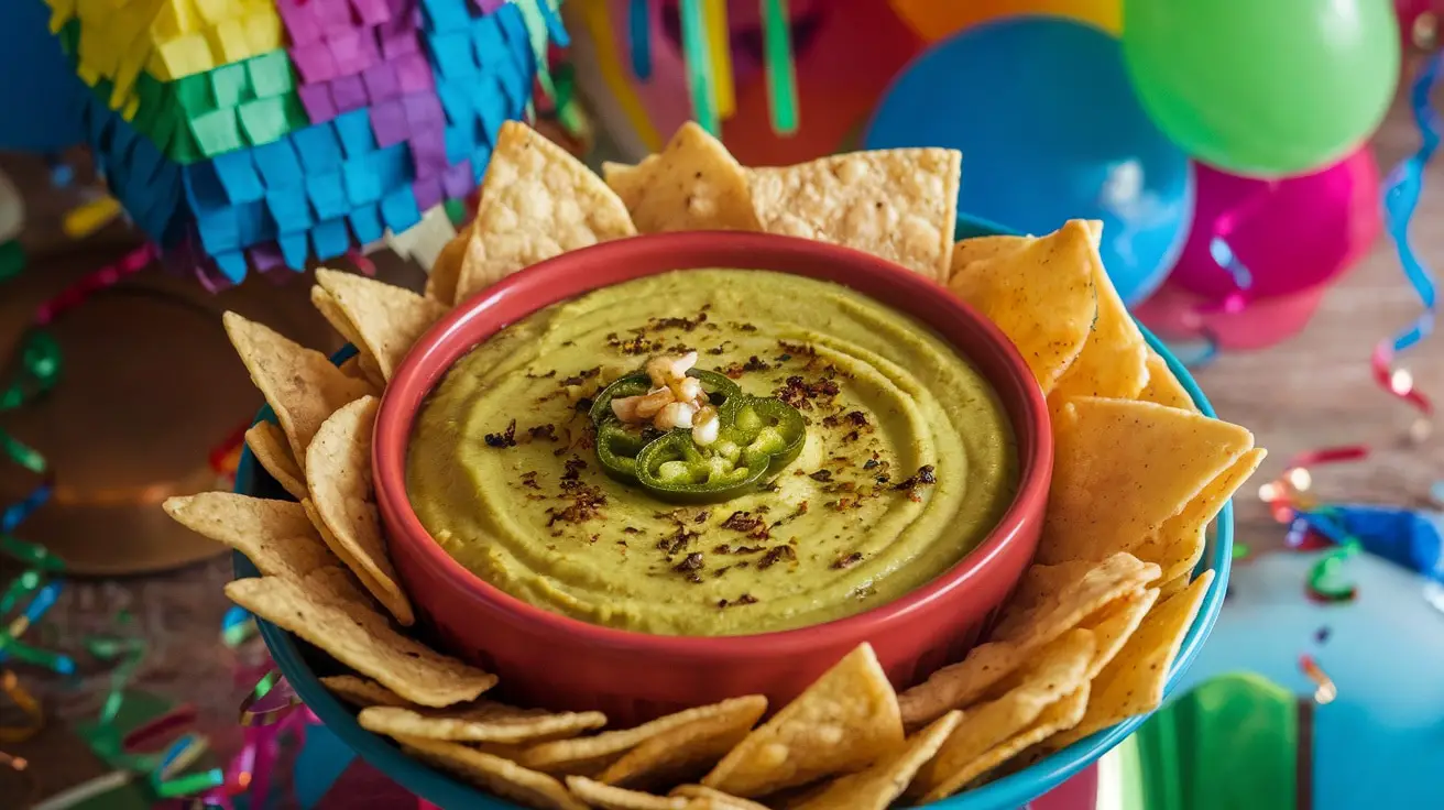 Zesty fire roasted salsa verde dip in a bowl with tortilla chips, set against a festive background.