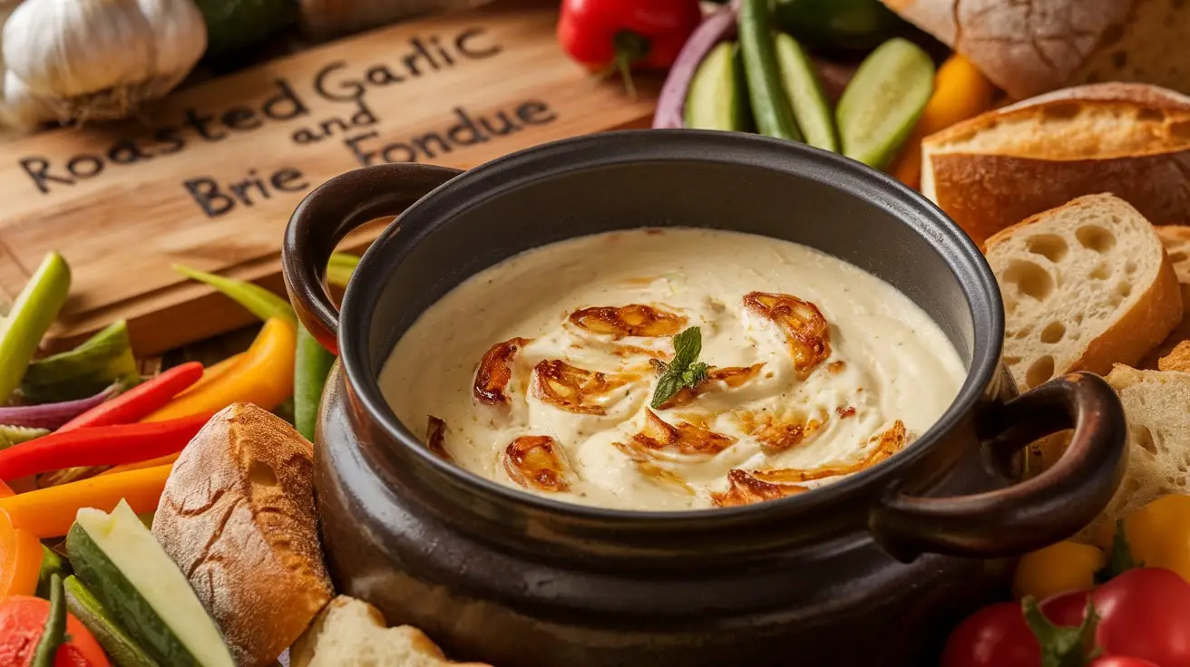 A bubbling pot of roasted garlic and brie fondue with bread and vegetables for dipping.