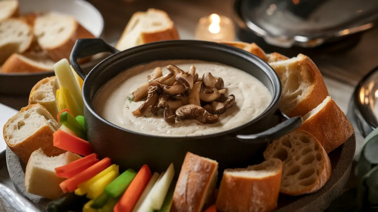 A pot of creamy White Truffle and Mushroom Fondue Dip with bread cubes and vegetable sticks for dipping.