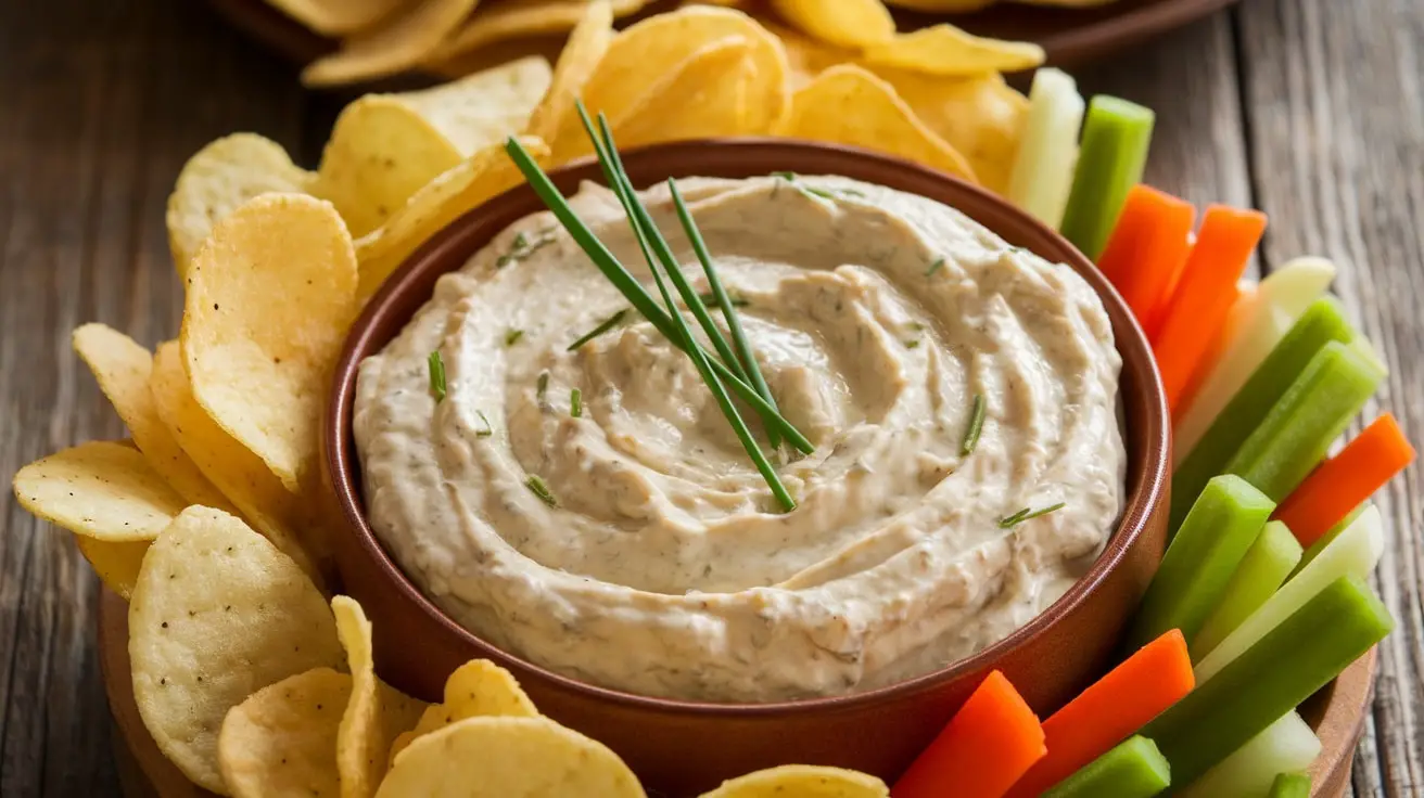 A bowl of creamy French Onion Dip with potato chips and vegetables on a rustic table.