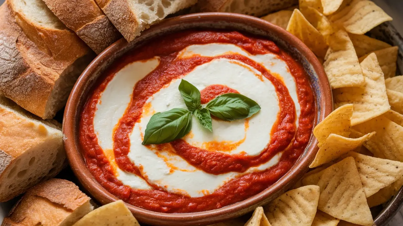 Warm Goat Cheese Marinara Dip with crusty bread and tortilla chips, garnished with basil.