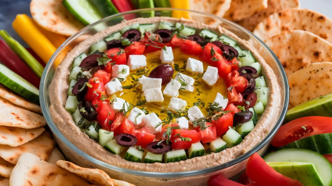 A vibrant Greek Layered Dip with layers of hummus, cucumbers, tomatoes, olives, and feta cheese, served with pita chips.