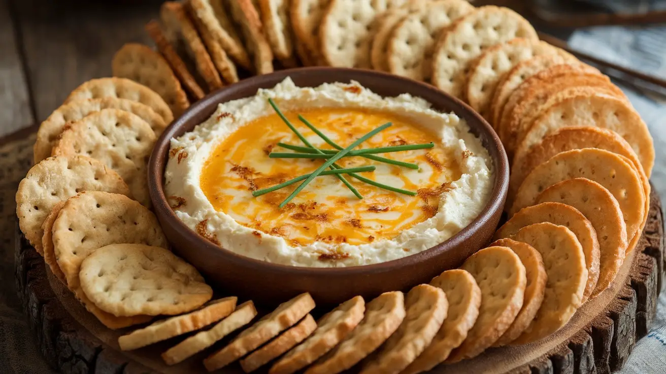 A creamy Gruyère and Leek Dip served with crackers and toasted bread on a rustic platter.