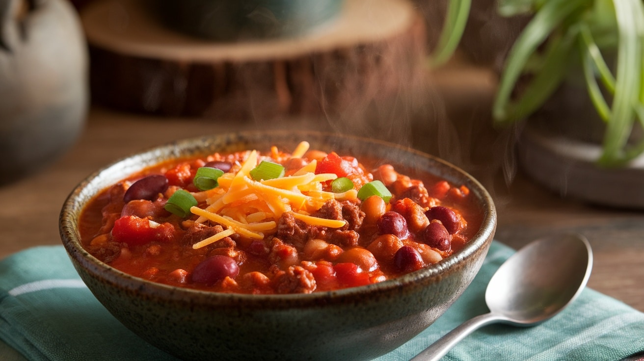 A bowl of hearty chili with beans and beef garnished with cheese and green onions.