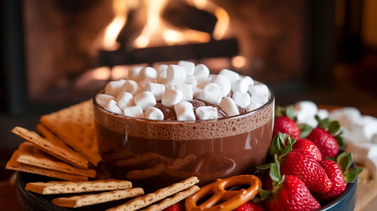 A bowl of Hot Chocolate Marshmallow Dip topped with mini marshmallows, surrounded by graham crackers and strawberries.