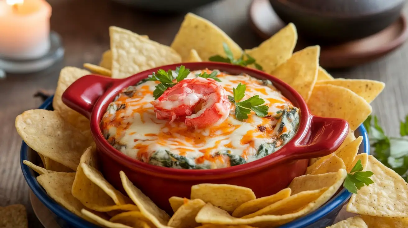 Bubbling lobster and spinach dip with tortilla chips in a ceramic dish, garnished with parsley.