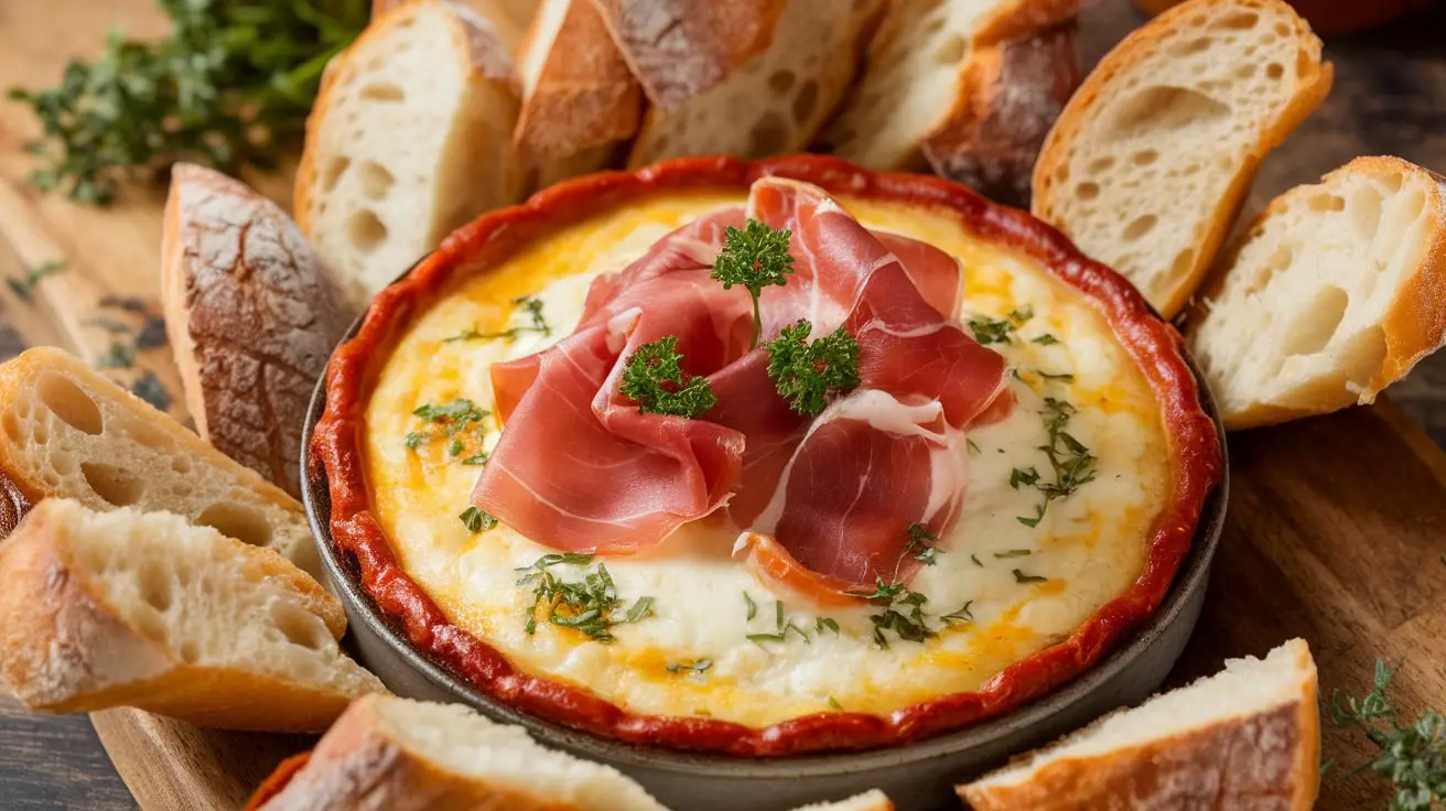 A bubbling bowl of prosciutto and provolone dip with bread dippers, garnished with parsley.