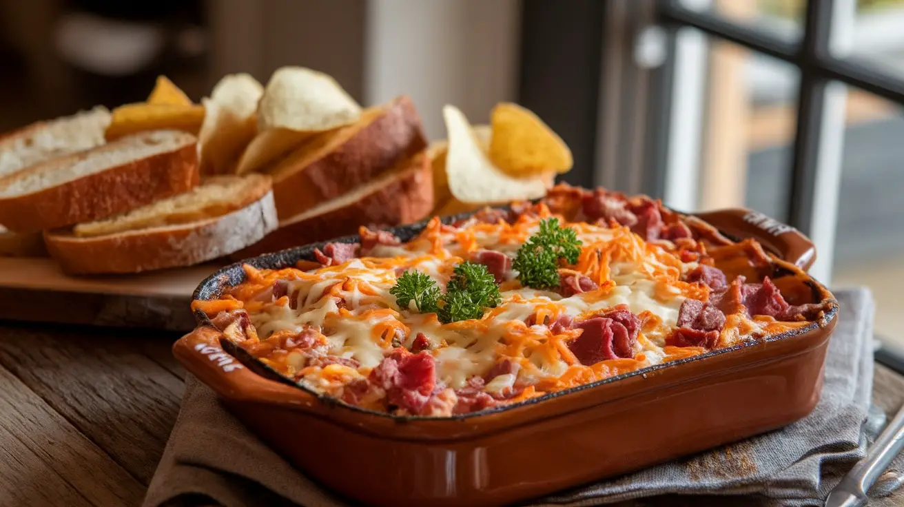 Cheesy Hot Reuben Dip in a baking dish with toasted bread and chips.