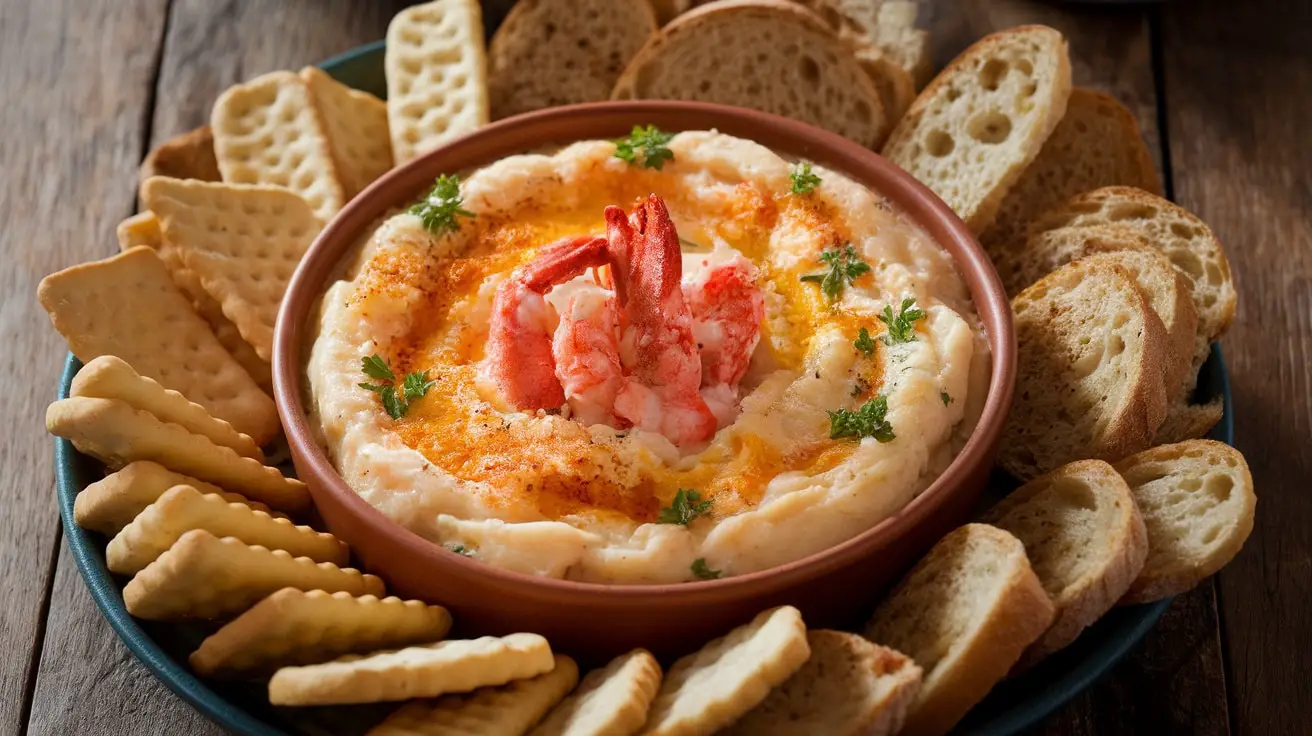 Creamy lobster thermidor dip in a bowl with crackers and bread on a wooden table.