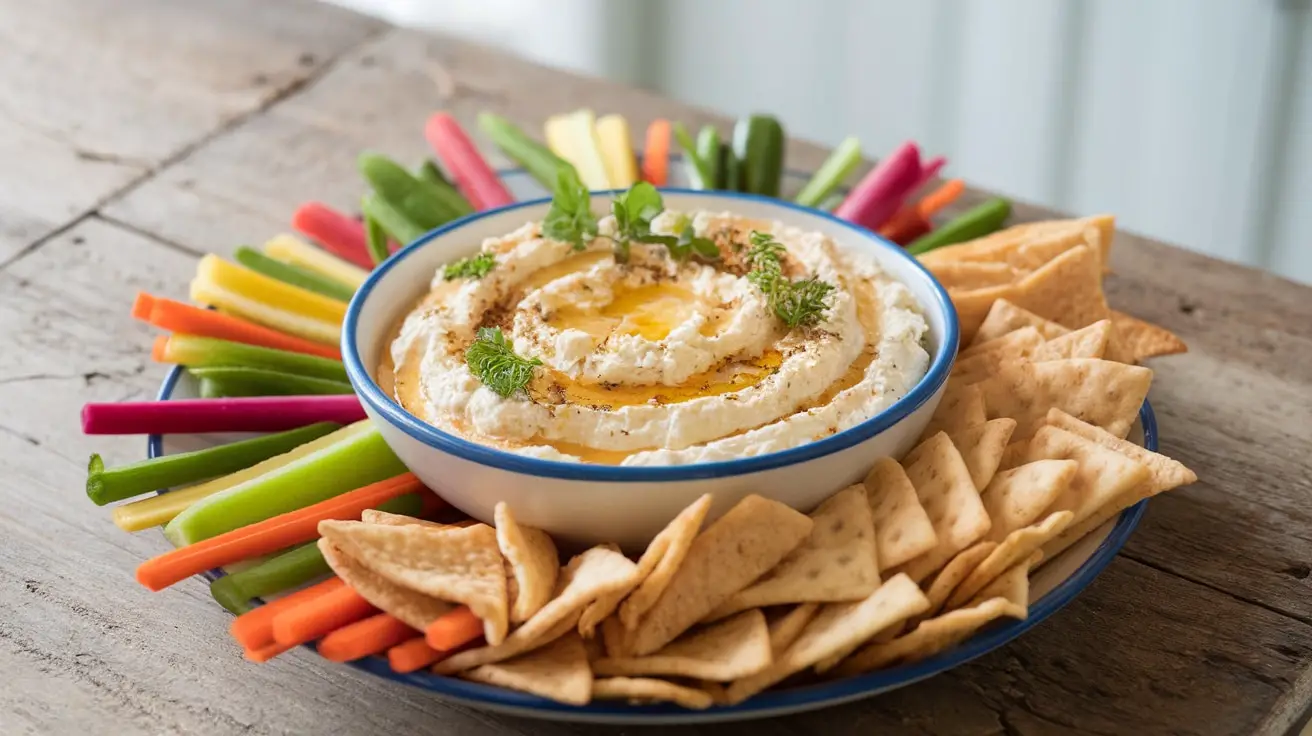 A creamy bowl of Lemon Garlic Feta Dip with fresh herbs, surrounded by vegetable sticks and pita chips.