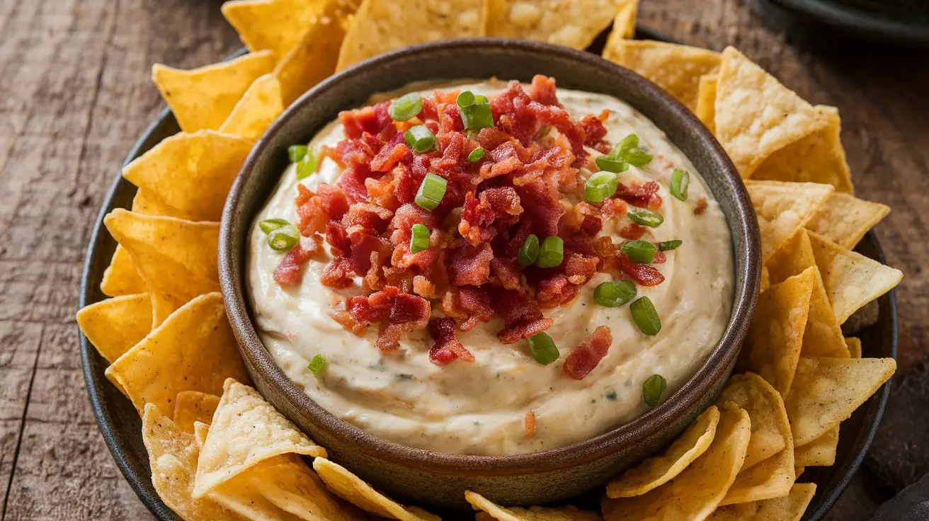 A bowl of creamy Loaded Baked Potato Dip with bacon and green onions, surrounded by tortilla chips.