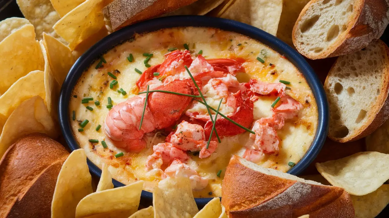 A rich Lobster Newberg Dip in a baking dish with tortilla chips and baguette slices.