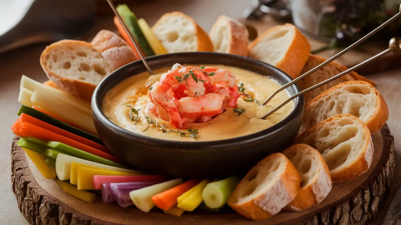 A delicious Lobster and Gruyère Fondue Dip served with crusty bread and vegetables for dipping.